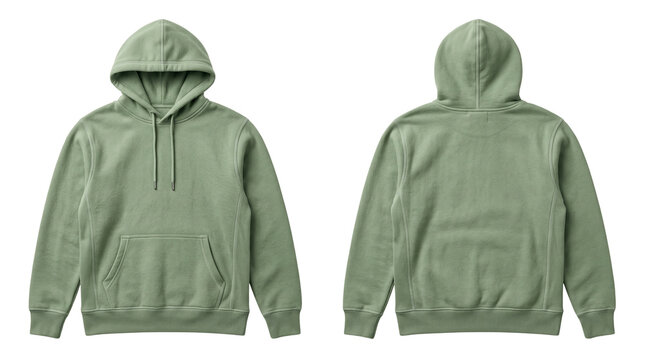 Sage green hoodie mockup, front and back view of blank cotton sweatshirt, oversized fleece pullover for apparel design isolated PNG with Transparent Background