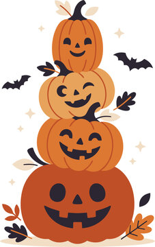 A stack of cute carved jack o lantern pumpkins decorated for a fun festive halloween celebration party