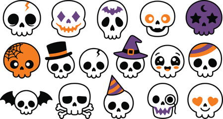 Obraz premium Set of cute cartoon skulls for halloween decorations and festive party design elements