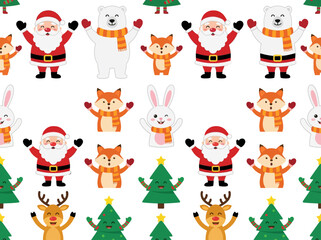 Naklejka premium Cute Christmas Seamless Pattern with Santa Claus, Polar Bear, Fox and Reindeer