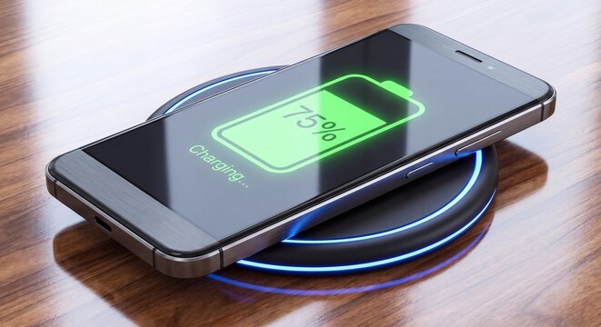 Smartphone wireless charging on a circular pad showing seventy five percent battery level on a wooden table surface