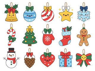 Naklejka premium Cute Kawaii Christmas Ornaments Vector Set - Festive Holiday Icons