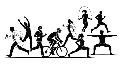 Obraz premium Athletes and medical doctors engage in energetic sports activities like cycling, running, jumping rope, and yoga poses.