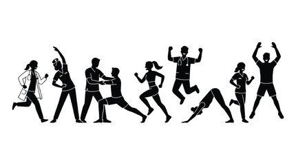 Fototapeta premium Medical staff and fitness enthusiasts perform dynamic stretching, rehabilitation exercises, and joyful jumps in silhouette.