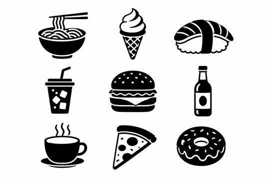 Set of pixel art food and drink icons isolated on white background