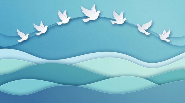 International peace day paper art style illustration of white doves flying in an arc over layered blue ocean waves