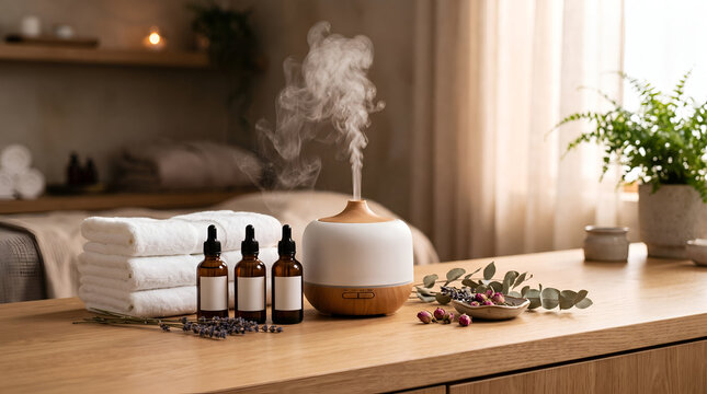 Aromatherapy diffuser with essential oil bottles and white spa towels on wooden table in wellness center