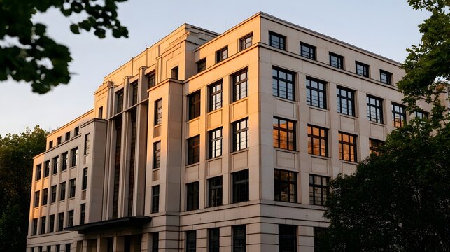 A modern multi story building with large and stone facade  framed by trees under warm evening light