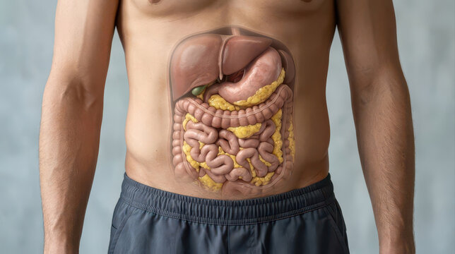 Visceral fat and insulin resistance affect human digestive system in detailed medical anatomy illustration