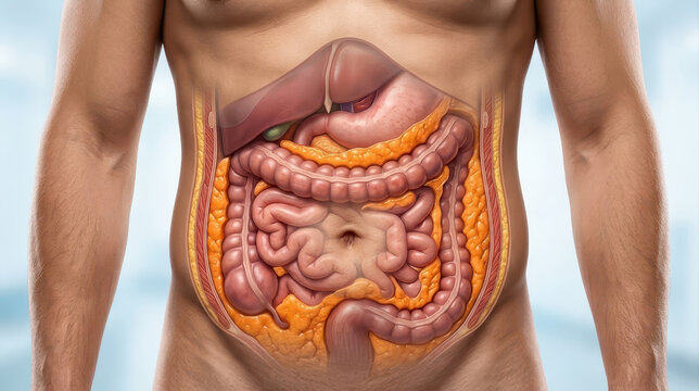 Medical illustration of human digestive system with visceral fat linked to insulin resistance and abdominal health