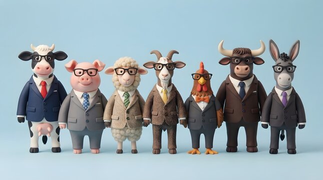Anthropomorphic farm animals wearing business suits and glasses stand in a row on a light blue background
