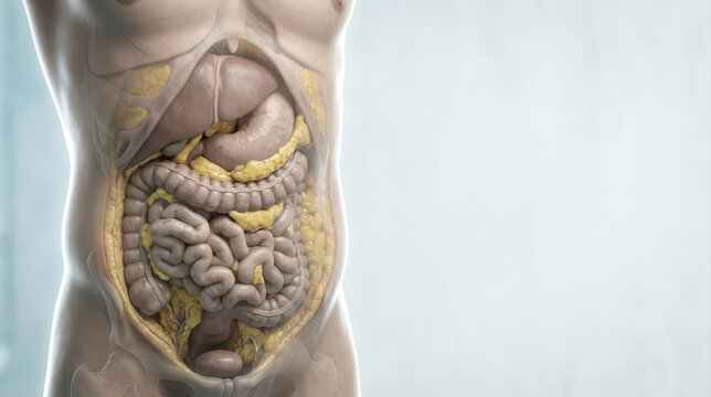 Visceral fat surrounding abdominal organ with insulin resistance risk illustrated through detailed human anatomy and digestive system visualization for medical education