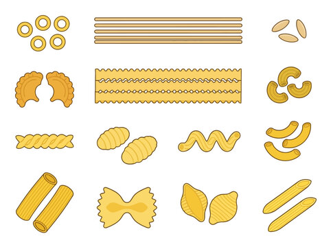 Italian Pasta Shapes Vector Icon Set - Assorted Dry Pasta Types Collection