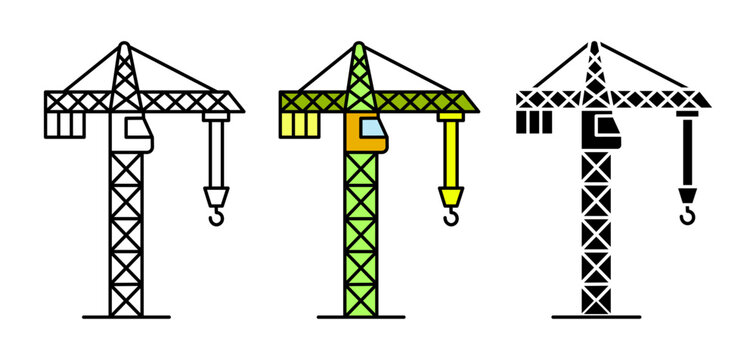 tower crane icon set for construction, building machinery, and heavy equipment vector