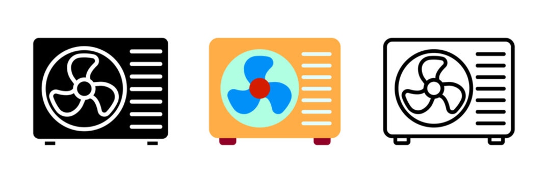 outdoor compressor unit vector icon set in line solid and orange style for hvac fan system