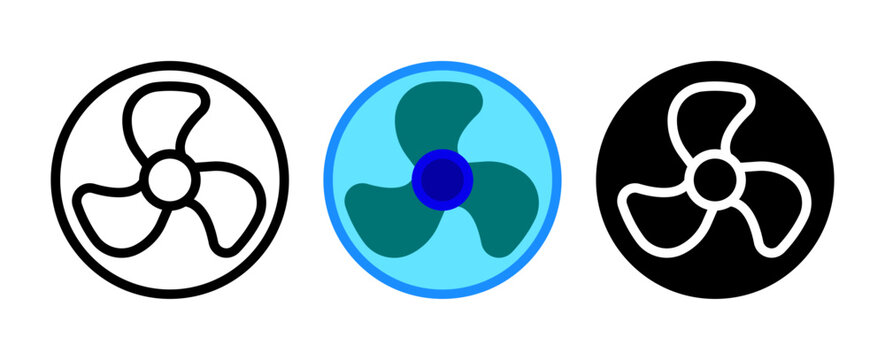 circular vent fan vector icon set in outline solid and blue style for air cooling