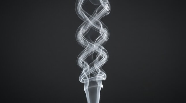 Abstract white smoke trails twisting in a double helix pattern against dark backdrop for conceptual artistic designs