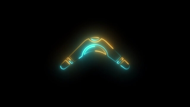 Glowing neon boomerang with yellow and cyan light, minimalist digital of a curved throwing stick, isolated on a dark black background, for modern