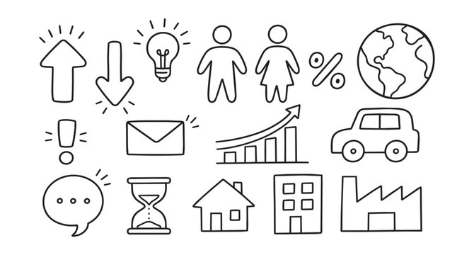 Hand drawn business and lifestyle icon set with black outline doodle style arrows globe car people buildings on white