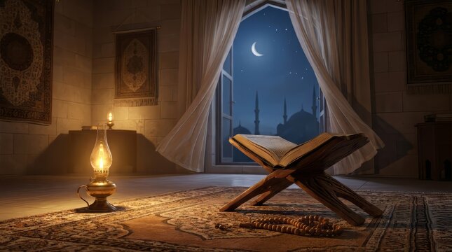 Open Quran on a wooden stand with prayer beads and glowing lantern in a peaceful mosque interior at night.