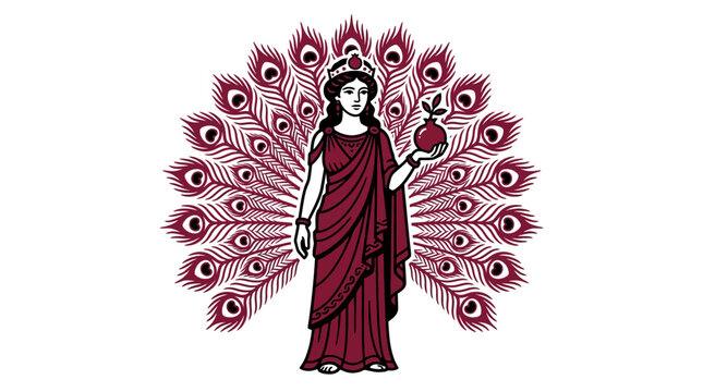 Illustration of the Greek goddess Hera holding a pomegranate with a peacock feather fan.