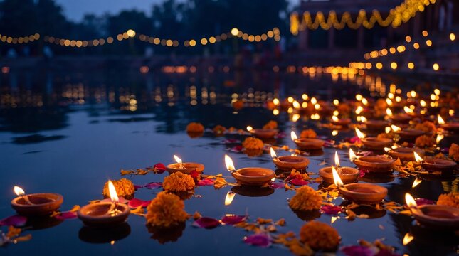 Traditional clay diyas and marigold petals floating on calm, reflective water at night, serene Indian Diwali festival background with copy space for greetings