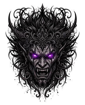 Gothic demon head illustration with glowing purple eyes and intricate dark swirl patterns for tattoo design
