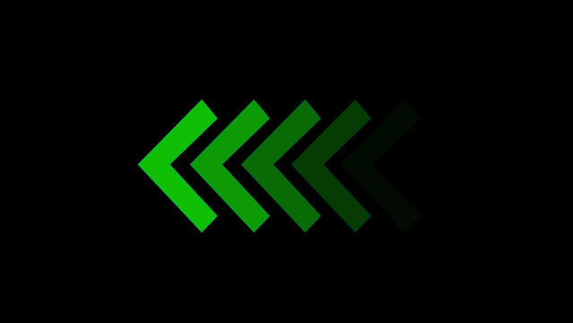 Horizontal sequence of five neon green chevron arrows pointing to the left on a black background, representing reverse direction, and navigation in, digital user interfaces