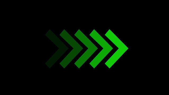 Horizontal sequence of five neon green chevron arrows pointing to the right on a black background, representing forward direction, and navigation in, digital user interfaces