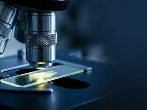 Microscope observing sample on slide, dark laboratory setting, scientific research concept