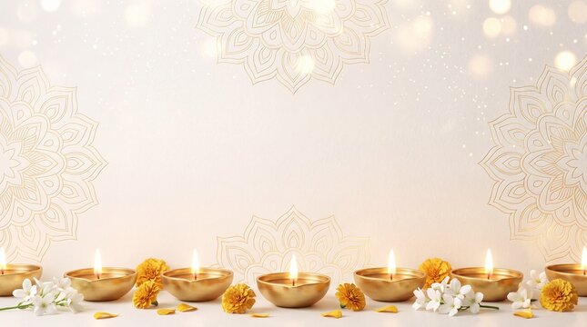 Luxury white and gold Diwali background with glowing brass diyas, fresh jasmine and marigold flowers, elegant mandala design, and blank copy space for festive corporate greeting