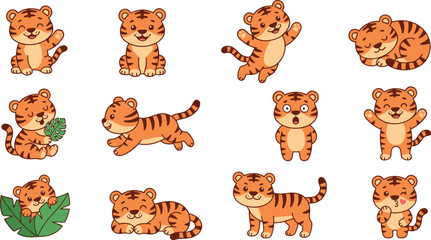 Fototapeta premium Cute Kawaii Baby Tiger Character Icon Set with Tigers Sitting, Sleeping, Running, Waving, and Hiding in Leaves