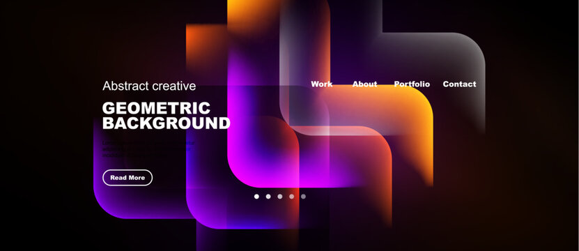 Modern website mockup. Abstract geometric shapes, vibrant colors, dark background. Minimalist design with navigation options, button visible.