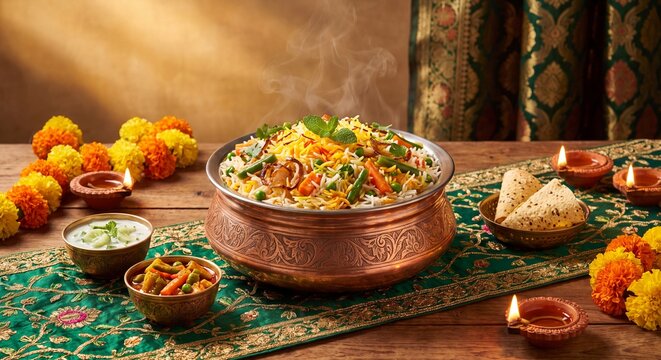 Traditional Indian vegetable biryani in ornate copper handi served as a festive Diwali dinner centerpiece with glowing clay diyas, marigolds, and side dishes for holiday celebration
