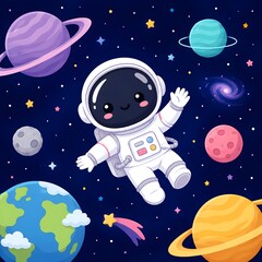 Fototapeta premium Cute cartoon astronaut floating in outer space surrounded by colorful planets and stars vector illustration