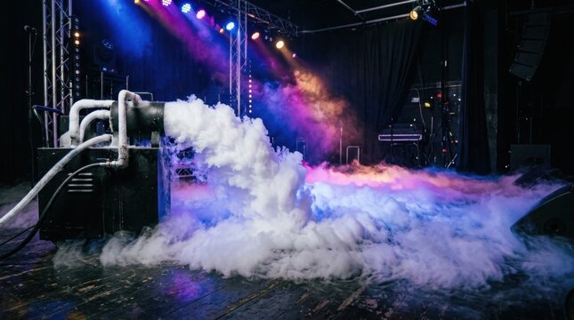 Professional Stage Fog Machine Creating Thick White Smoke Effects with Colorful Concert Lighting on a Performance Stage