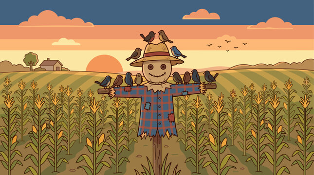 Cartoon scarecrow in a cornfield with birds perched on it, sunset sky with clouds, flat design vector illustration