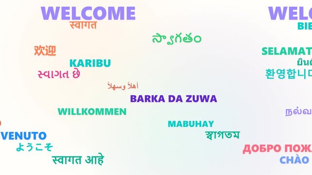 Multilingual Welcome Word Cloud in Diverse Languages, Global Greeting and Hospitality Motion Graphic Background