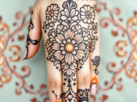 Intricate henna design featuring interlocking flowers, mehndi, intricate
