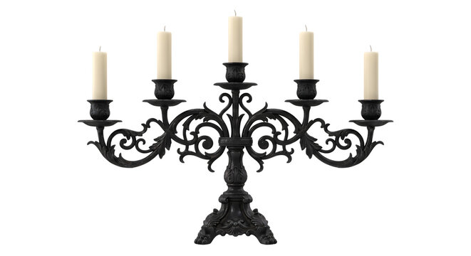 Gothic black candelabra with five white taper candles