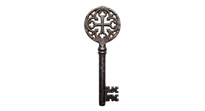 Antique ornate iron skeleton key with clover emblem