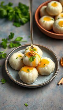 Tiny rava idlis garnished with fresh cilantro and a drizzle of honey, ||rva idlis, breakfast