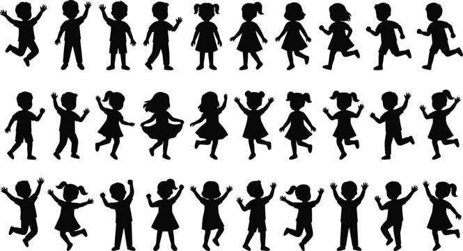 Children silhouette vector set, kids playing, jumping, dancing, running, standing in row, illustration