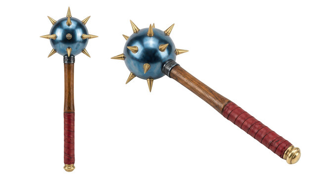 Old medieval spiked mace weapon with blue metal head isolated on transparent background
