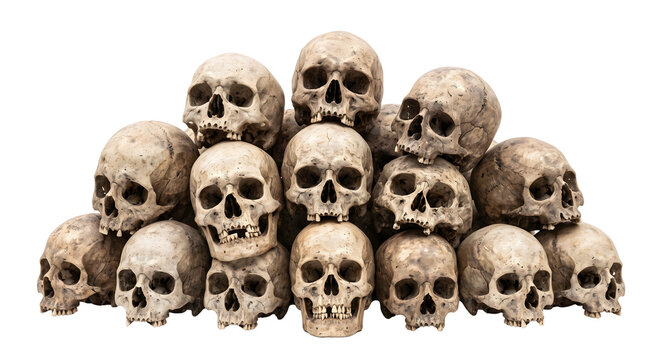 Pyramid pile of weathered human skulls for halloween horror