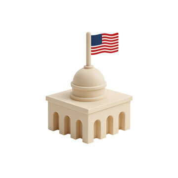 United States Capitol building 3D icon. Minimalist government architecture with American flag. Isometric clay style on white background