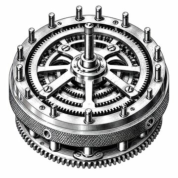 Vintage black and white illustration of a detailed mechanical clock gear part