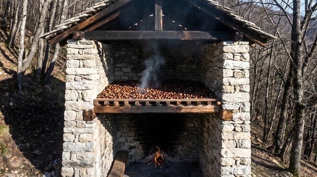Traditional stone chestnut dryer in a forest. Sweet chestnuts smoking over an open fire inside a stone hut. Ancient agricultural method in autumn