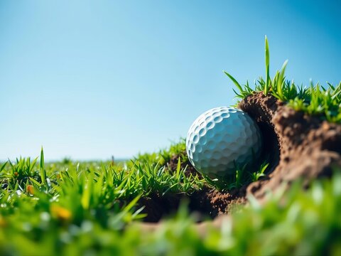 A golf ball sits in a hole surrounded by lush green grass and dirt under a bright blue sky, nature, landscape