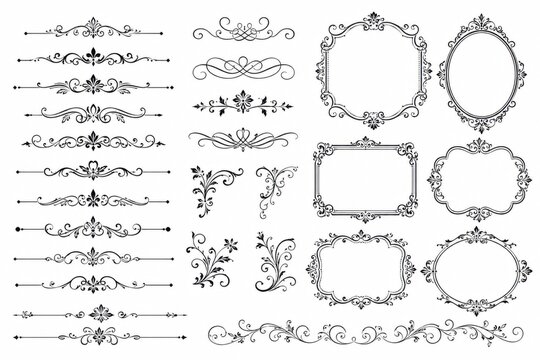 Set of black vintage floral border frames and decorative divider elements